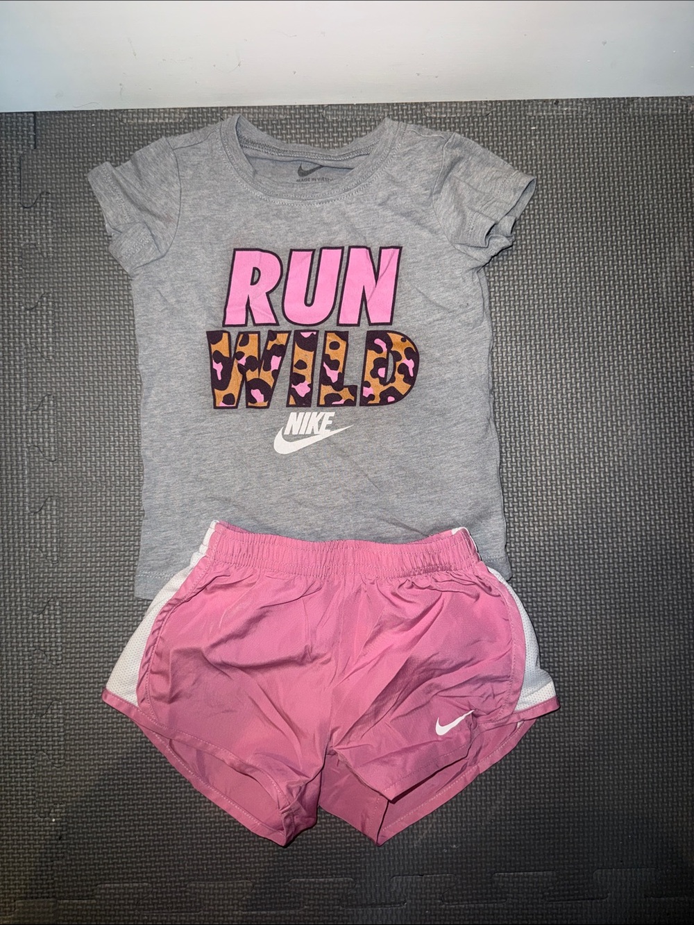 Nike Gray Tee with Pink Leopard 'Run Wild' & Pink Athletic Shorts - Picture 1 of 1